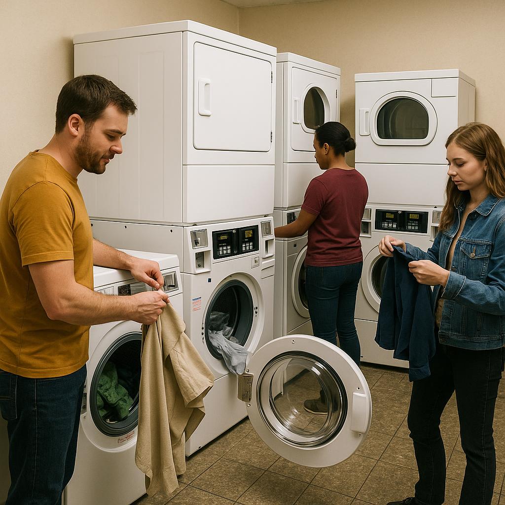 Guest using laundry machines in a budget hotel facility