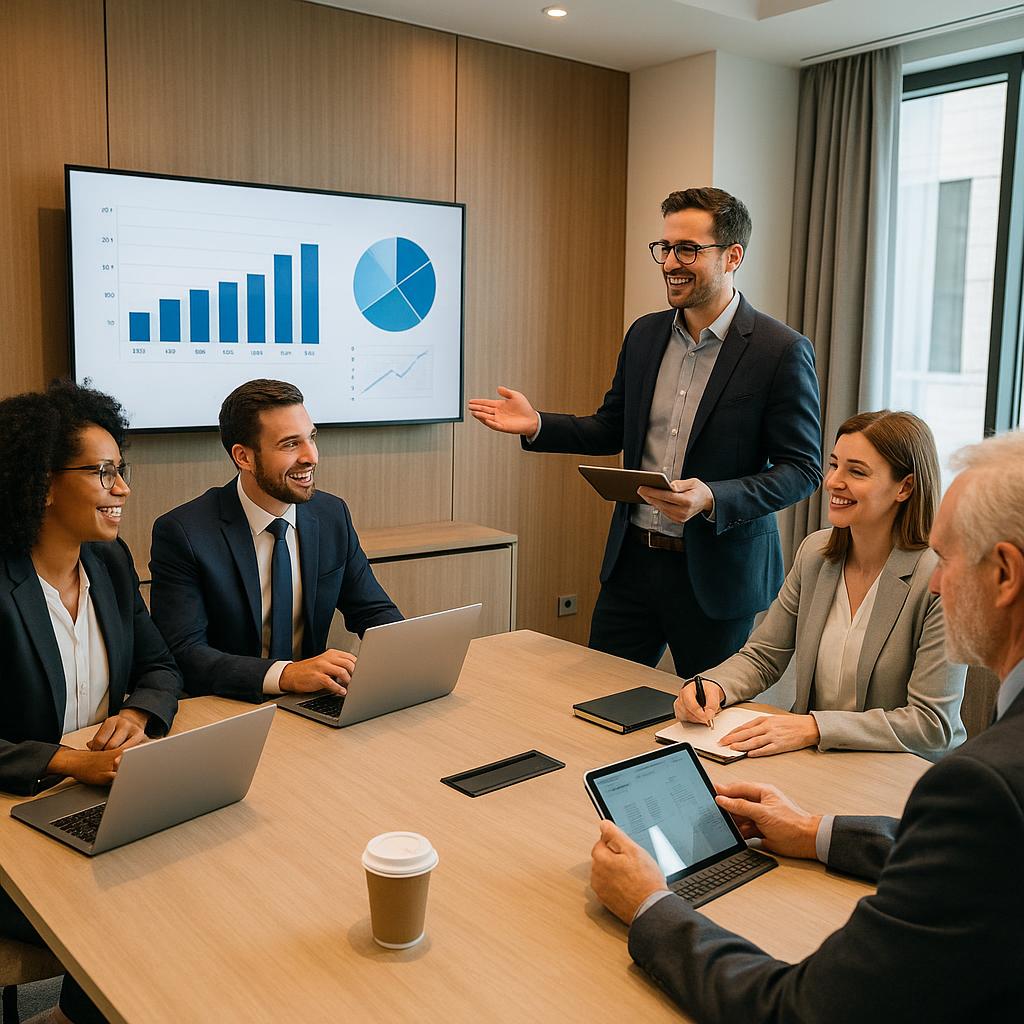 Small group business meeting in hotel conference room