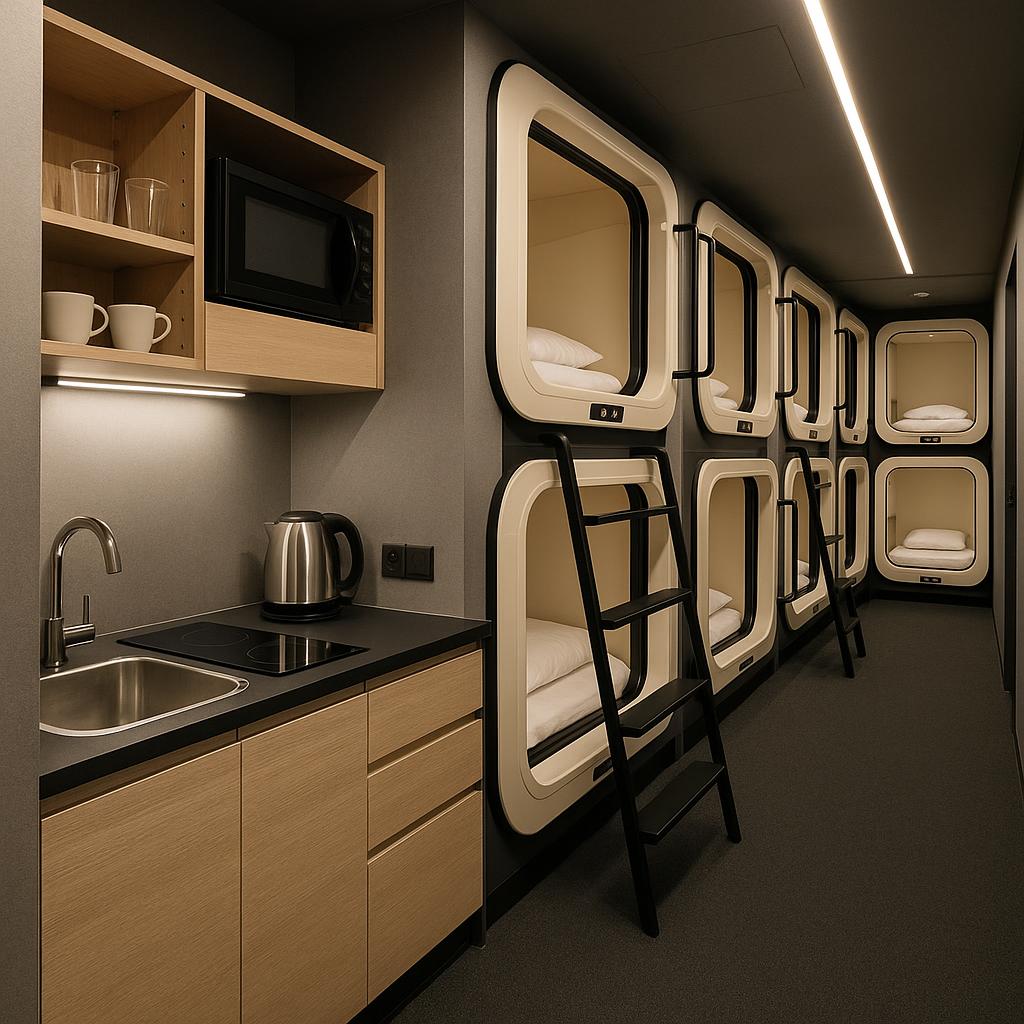 Modern capsule hotel kitchenette with sleeping pods visible