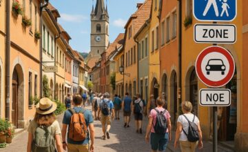 Pedestrian street in car-free town with easy navigation and clear signs