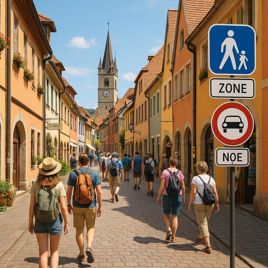 Pedestrian street in car-free town with easy navigation and clear signs