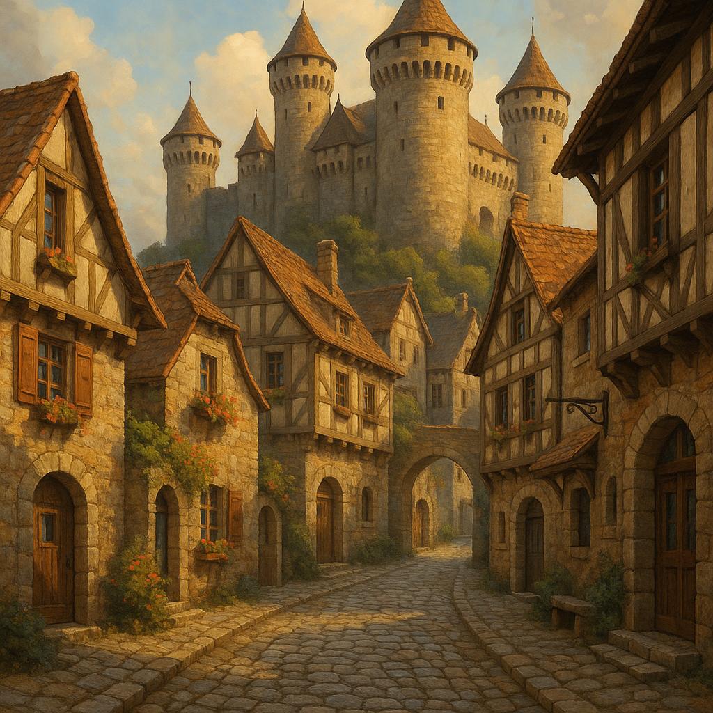 Authentic medieval castle town with cobblestone streets
