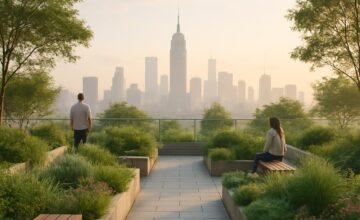 Quiet rooftop garden with city view at dawn
