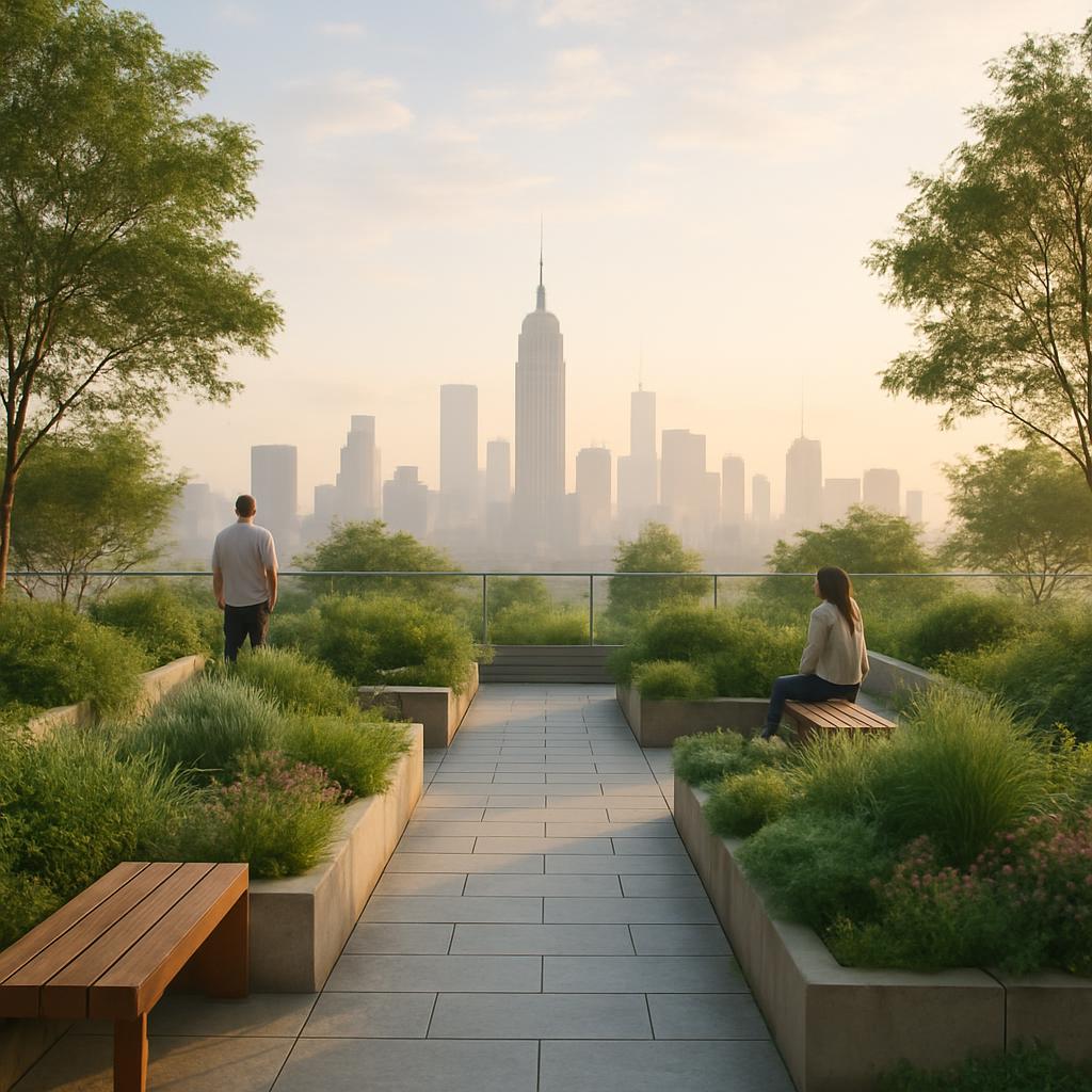 Quiet rooftop garden with city view at dawn