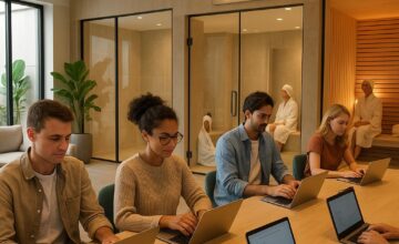 Co-living space with spa access and remote workers using laptops in coworking area