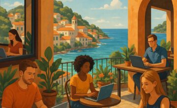 Digital nomads working in a coastal town with sea views