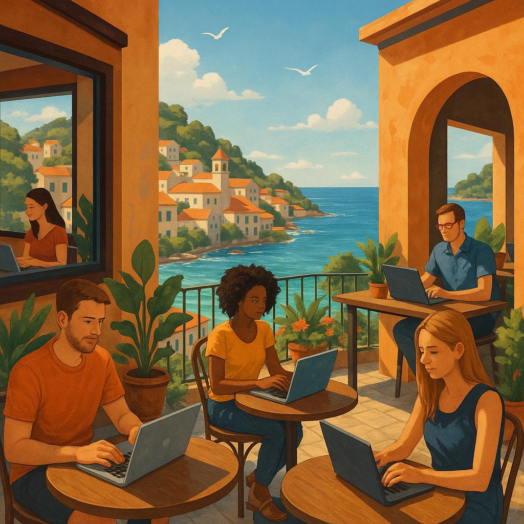 Digital nomads working in a coastal town with sea views