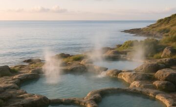 Calm coastal hot spring setting at sunset