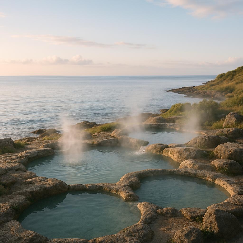 Which Coastal Towns for Hot Springs with More Rest Should You Visit First? 2 Calm coastal hot spring setting at sunset