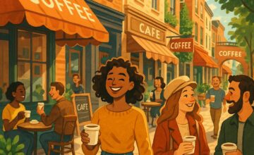 People walking along a coffee neighborhood street lined with cafes