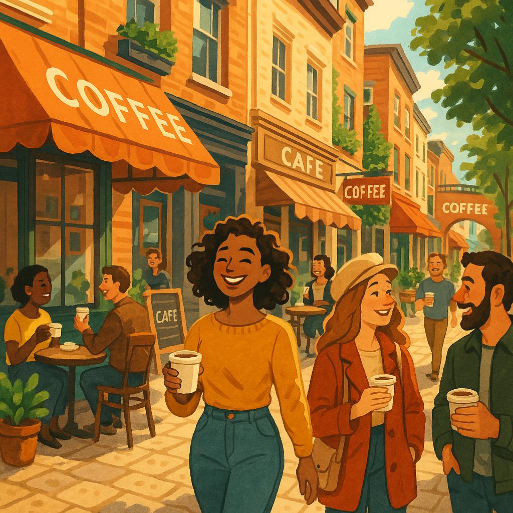 People walking along a coffee neighborhood street lined with cafes