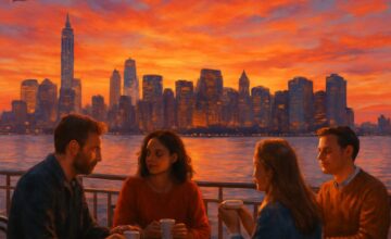 Coffee drinkers watching sunset at a riverside cafe