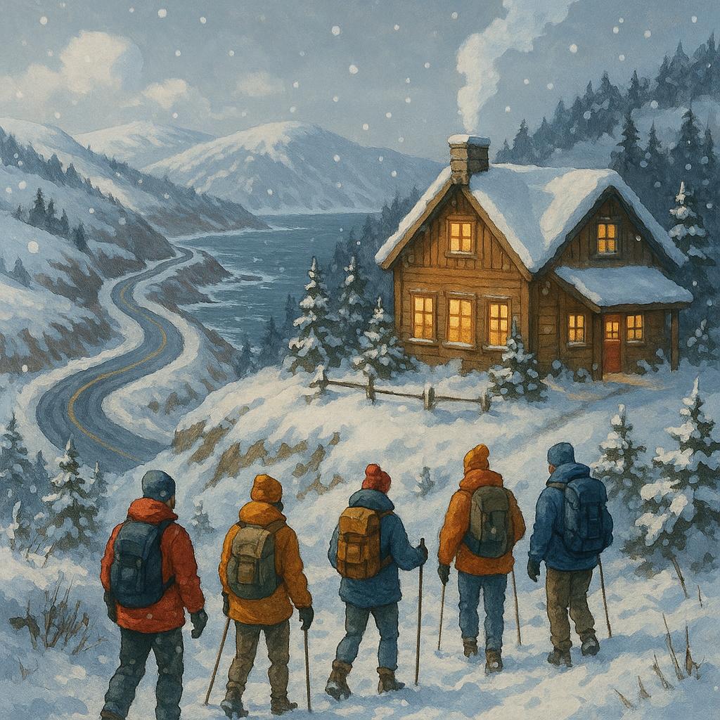 Winter coastal drive with hikers visiting a warm lodge