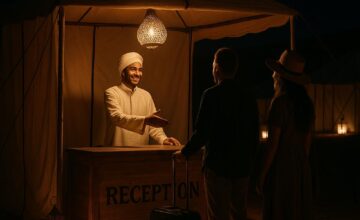 Reception desk at desert camp late at night