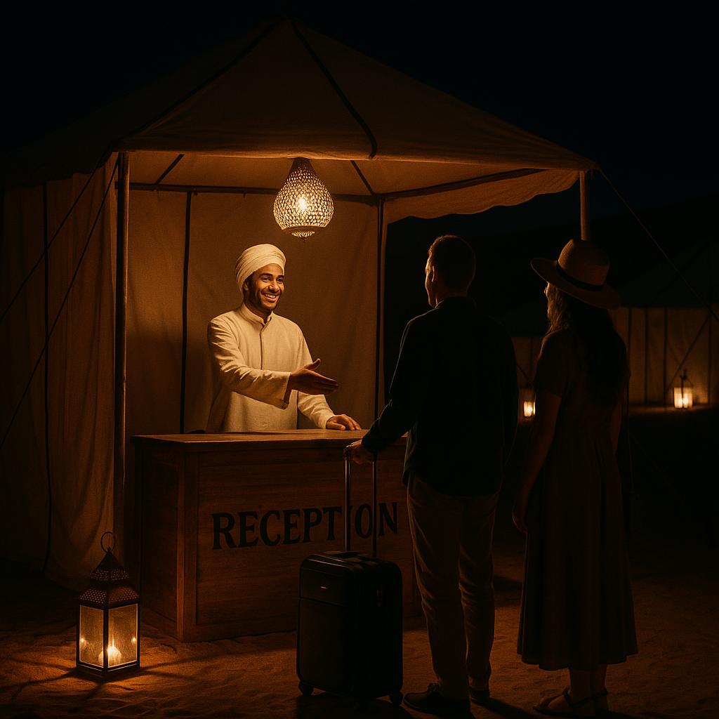 Which Desert Camps for Late Arrivals Make Check-In Painless? 2 Reception desk at desert camp late at night
