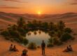Sunset over a peaceful desert oasis with visitors