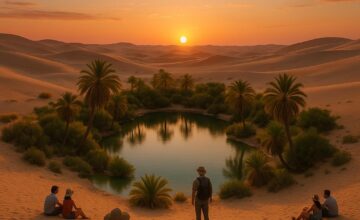 Sunset over a peaceful desert oasis with visitors