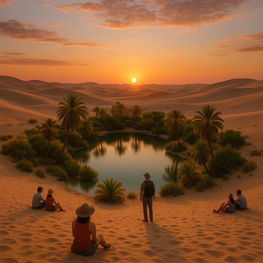 Sunset over a peaceful desert oasis with visitors