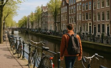 Pedestrian on charming Amsterdam canal walk
