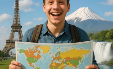 First-time international traveler with a world map and global landmarks
