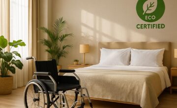 Accessible eco-friendly hotel room with wheelchair