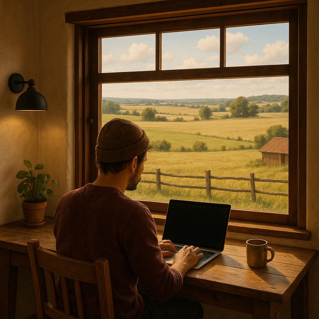 Remote work setup at farm stay with scenic view