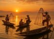 Sunrise at Inle Lake with boats and fishermen