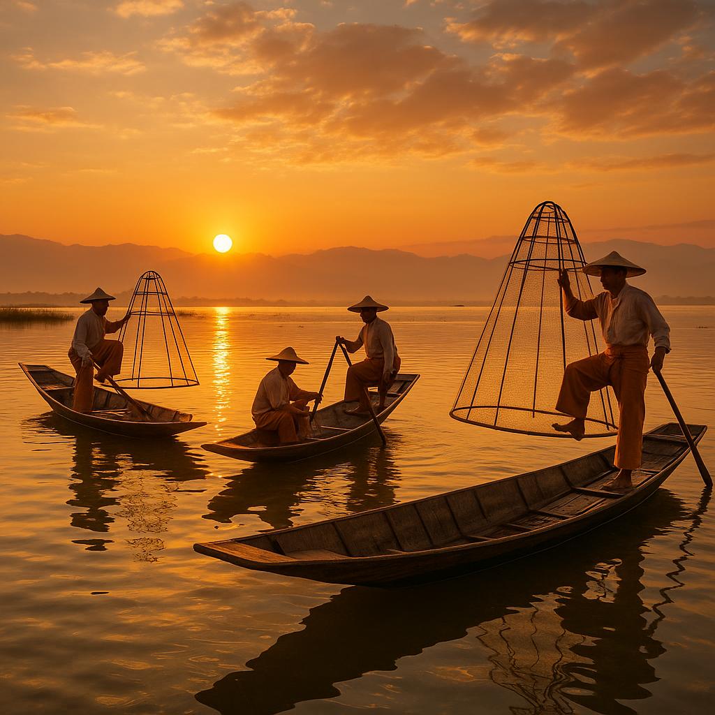 Sunrise at Inle Lake with boats and fishermen