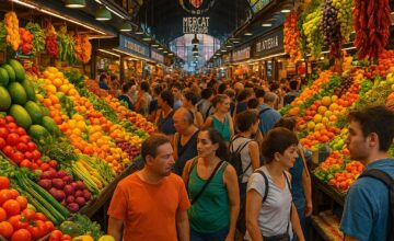 La Boqueria market in Barcelona with fresh food and crowds