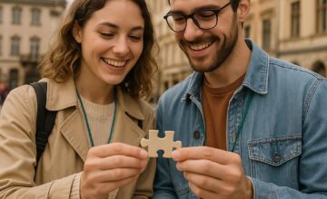 Couple solving puzzle during walking tour