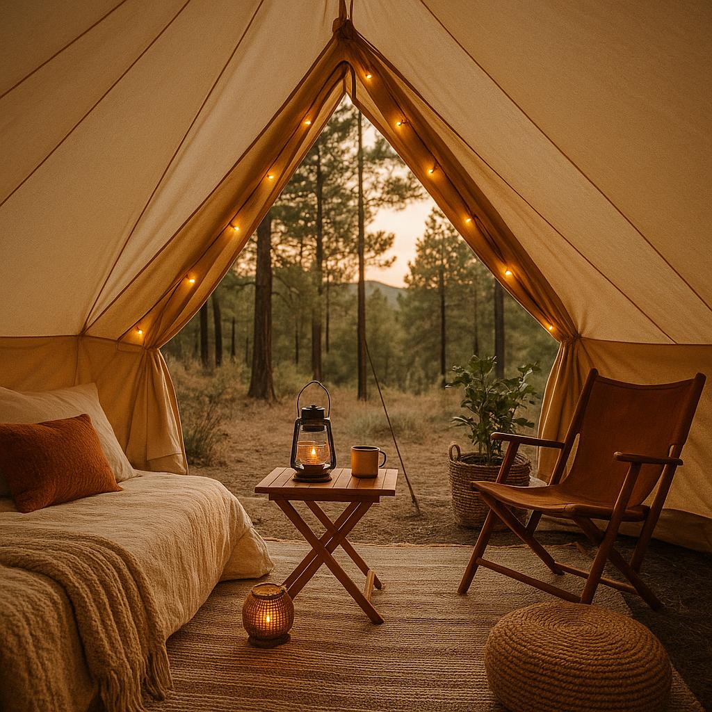 Cozy glamping bell tent setup surrounded by nature for solo traveler