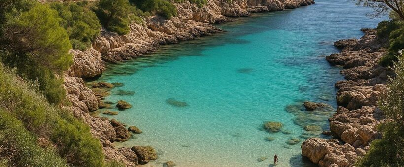 Scenic hidden swimming bay with calm turquoise waters and rocky shoreline