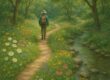 Solo hiker walking a secluded garden trail surrounded by wildflowers