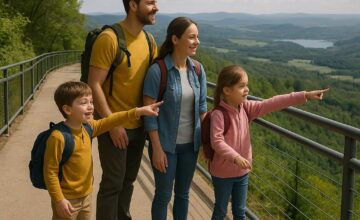 Family at safe scenic nature trail viewpoint