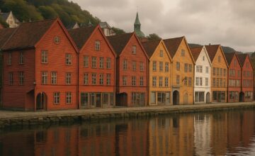 Historic wooden waterfront houses in Bergen, Norway with calm harbor