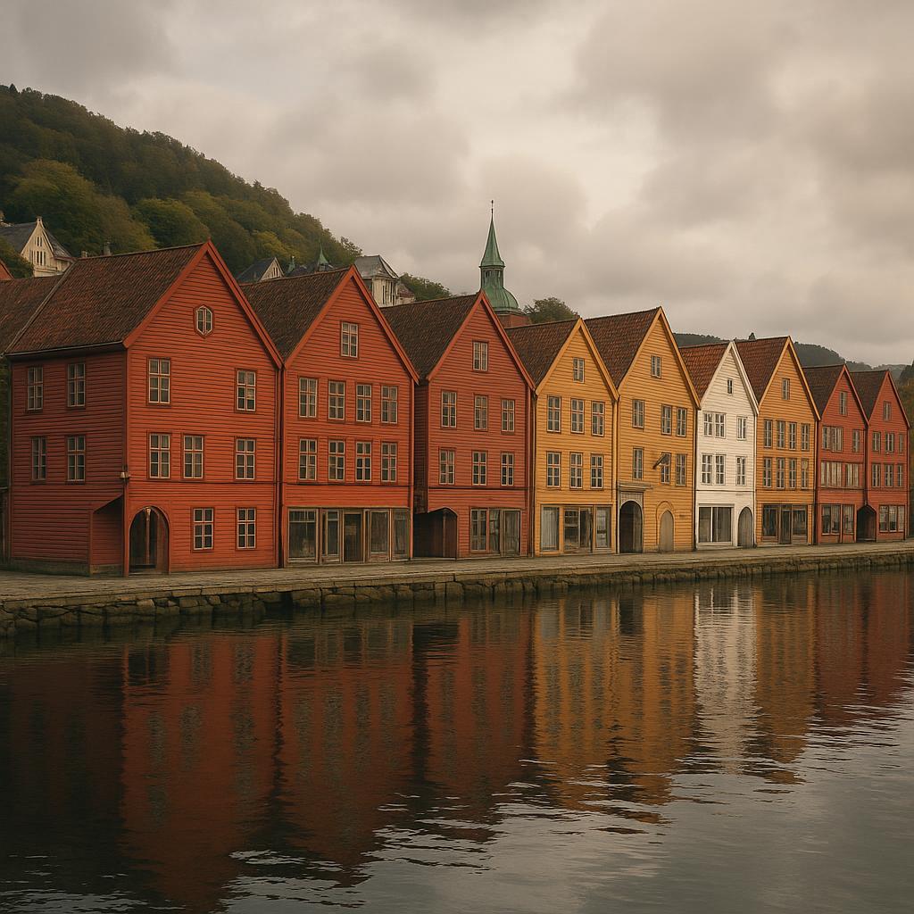 Historic wooden waterfront houses in Bergen, Norway with calm harbor