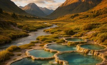 Hot spring pools nestled in a tranquil valley with mountains in background
