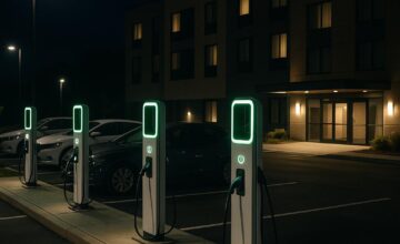 Hotel EV charging stations at night