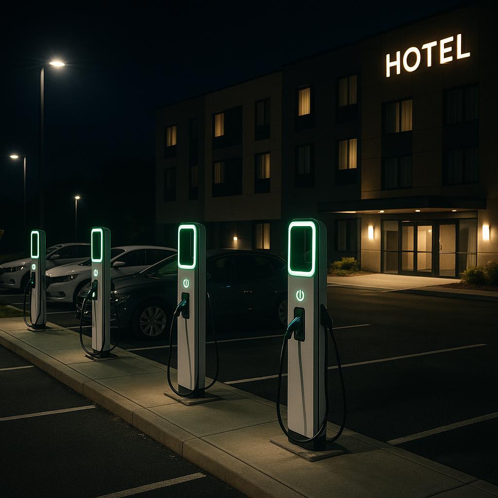 Hotel EV charging stations at night