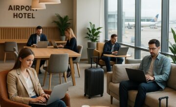 Hotel coworking lounge suitable for early flights