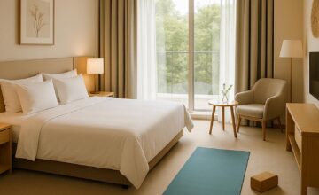 Comfortable hotel room arranged for in-room yoga