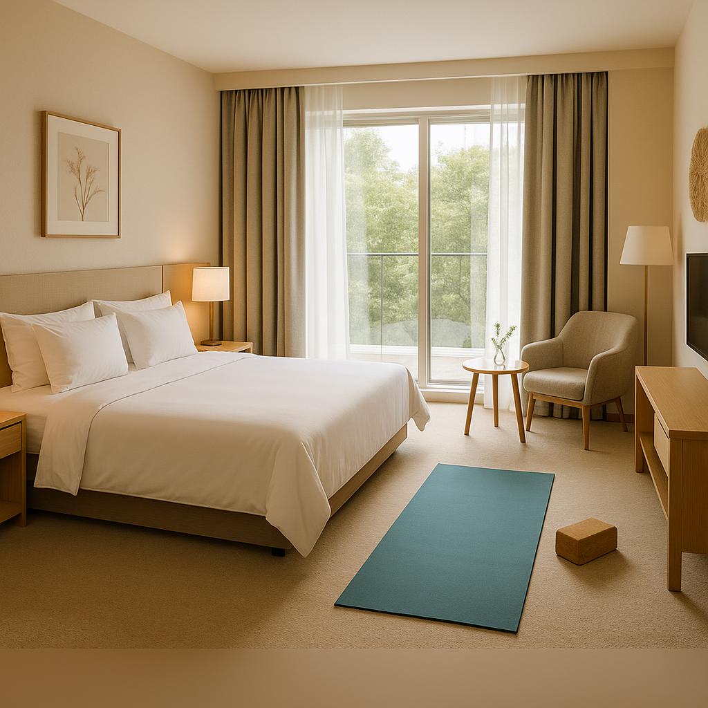Comfortable hotel room arranged for in-room yoga