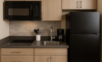 Modern hotel kitchenette for one-night layover