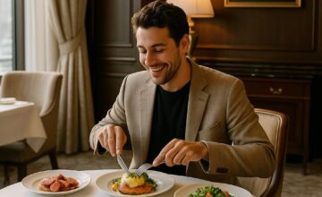 Food lover enjoying a gourmet meal in a luxury hotel restaurant with late checkout benefits