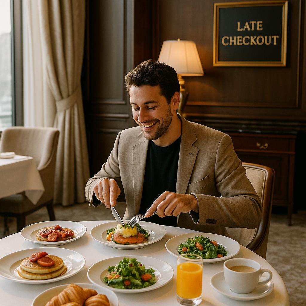 Which Hotels with Late Checkout Suit Food Lovers Best? 2 Food lover enjoying a gourmet meal in a luxury hotel restaurant with late checkout benefits