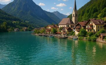 Alpine lake town with mountains and clear water