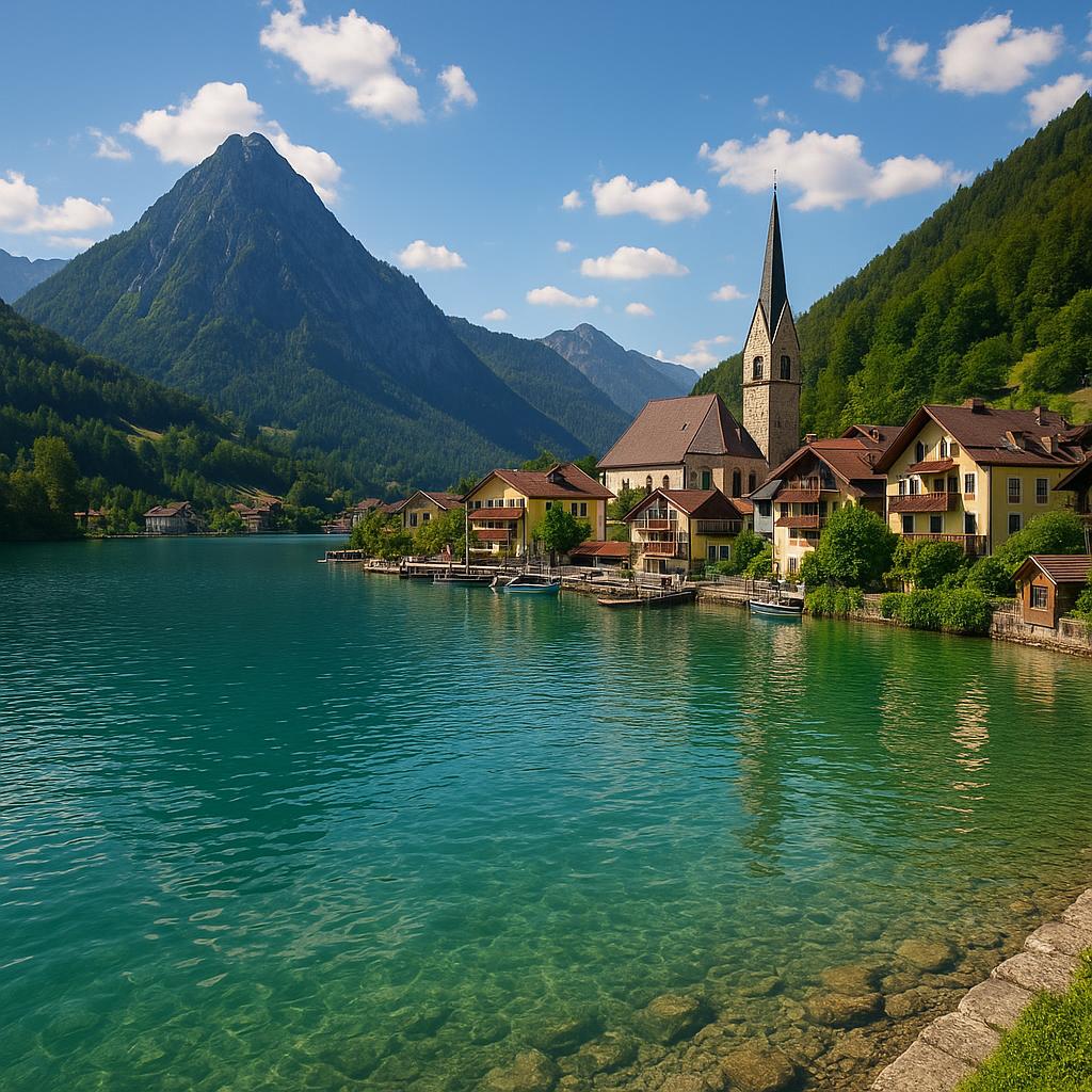 Alpine lake town with mountains and clear water