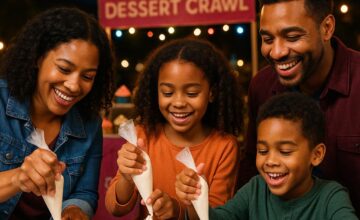 Children decorating cupcakes with frosting and sprinkles during a family dessert crawl