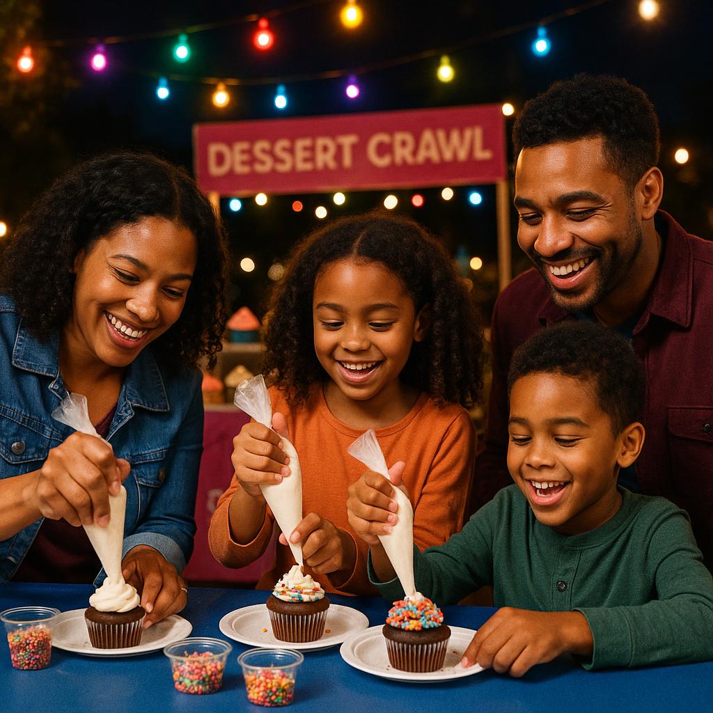 Children decorating cupcakes with frosting and sprinkles during a family dessert crawl