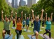 People doing yoga outdoors in an urban park